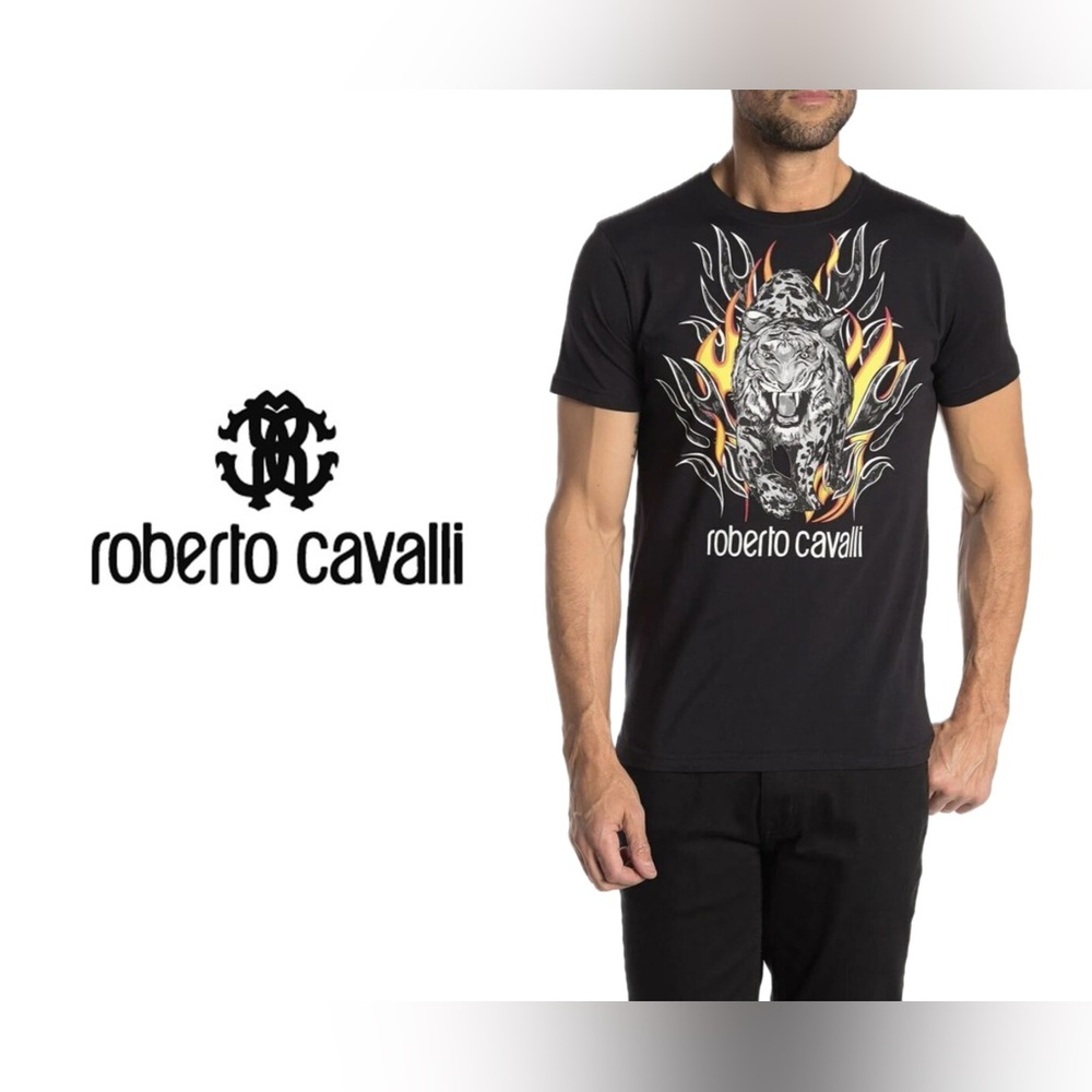 Robert Cavalli Size M Black T-Shirt Tiger Flames